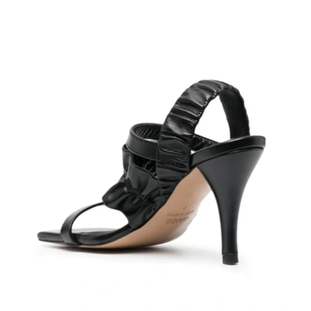 Ganni Ruffled Leather Slingback Sandals Size 39 US 9 Black - Picture 3 of 11